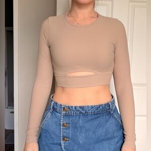 Beige Long Sleeve Crop Top